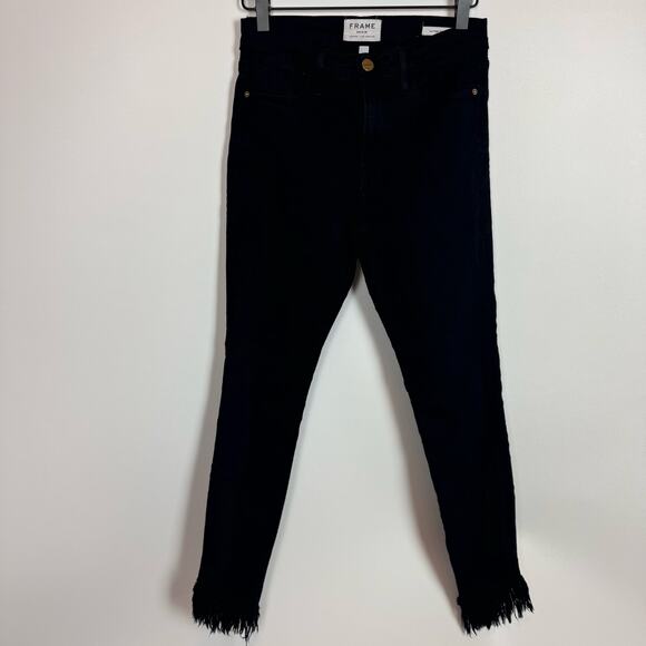 FRAME Le High Skinny Black Denim Jeans Frayed Uneven Hem Women's Size 27 - Picture 1 of 7
